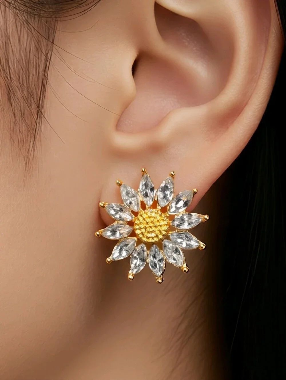 Sunflower CZ Stud Earrings 🌻 Gold Marquis Crystal Floral Minimalist Boho